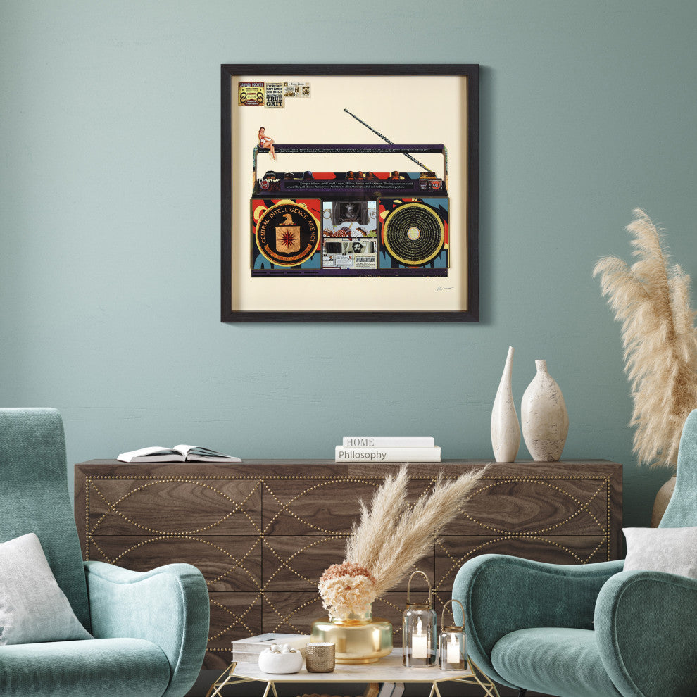 "Cia Boombox"Dimensional Collage, Under Glass, A Shadow Box Frame