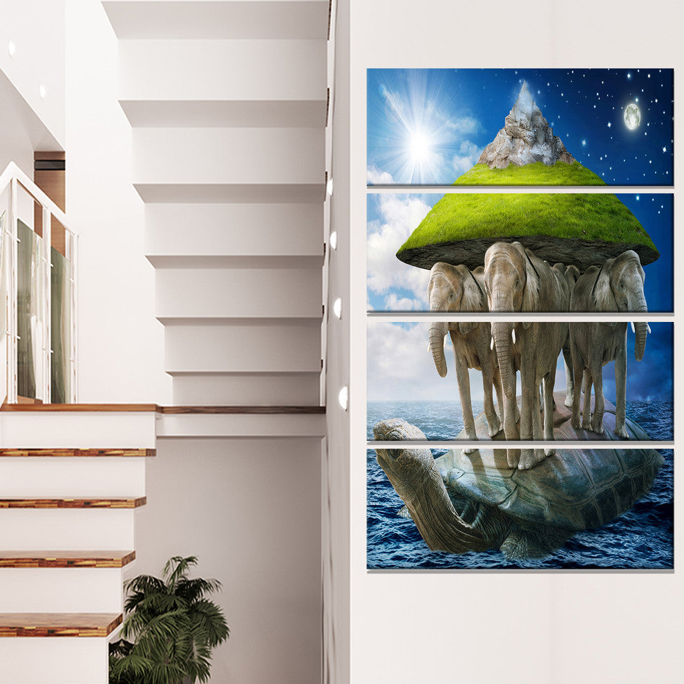 Giant Turtle Carrying Elephants, Abstract Canvas Art Print, 28"x48", 4 Panels