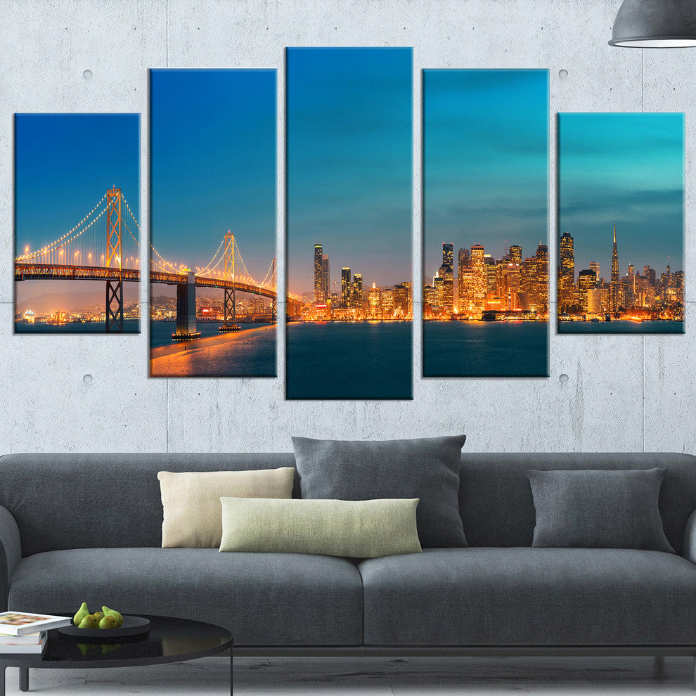 "San Francisco Skyline At Night" Cityscape Canvas print, 5-Panels, 60"x32"