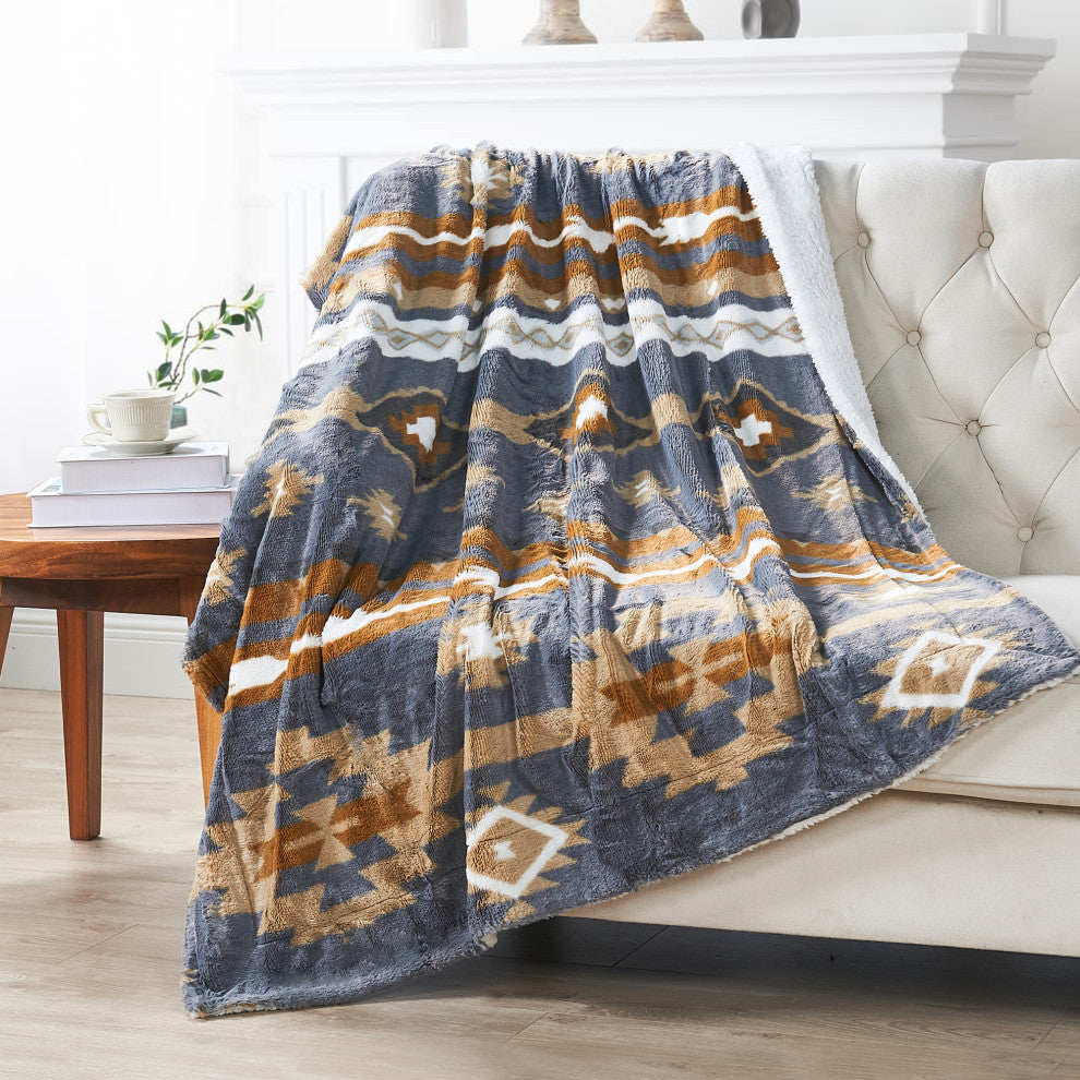 Southwest Faux Fur & Sherpa Backing Throw Blanket, Gray, 60" X 80"