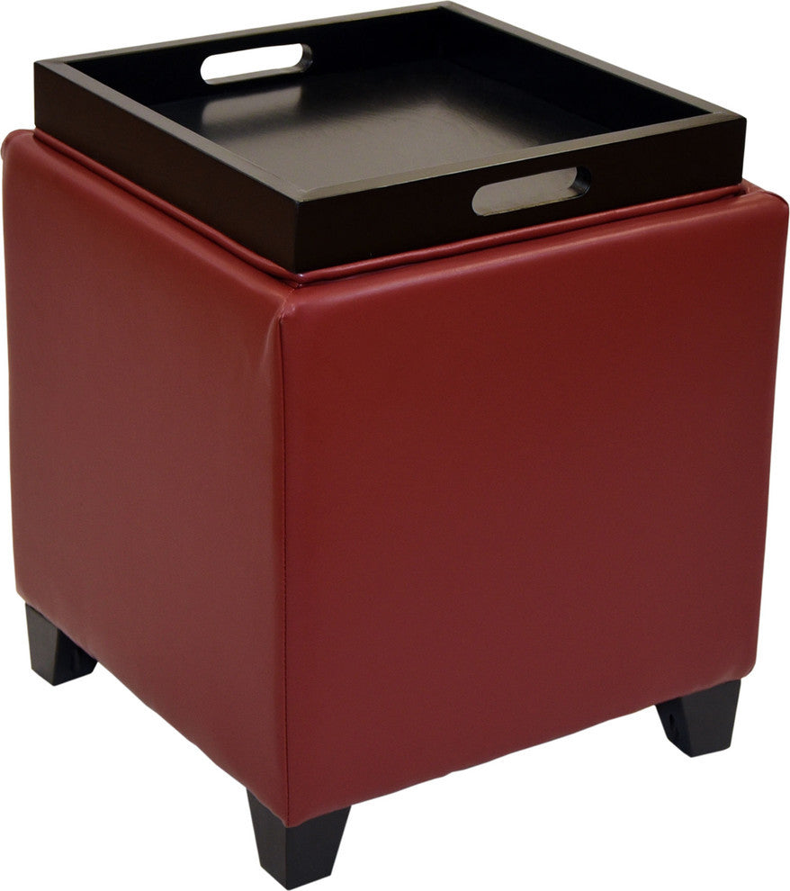 Contemporary Storage Ottoman With Tray, Red