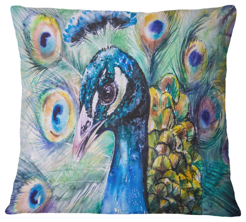 Beautiful Peacock Watercolor Abstract Throw Pillow, 16"x16"
