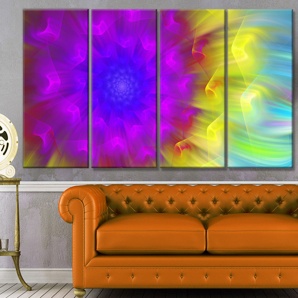 Purple Fractal Petals Dandelion, Floral Canvas Art Print, 48"x28", 4 Panels