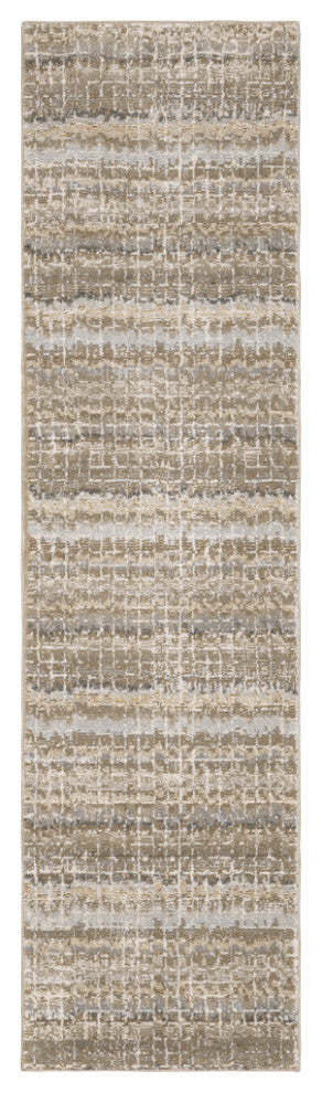 12' Runner Ivory Grey Tan and Brown Abstract Power Loom Runner Rug