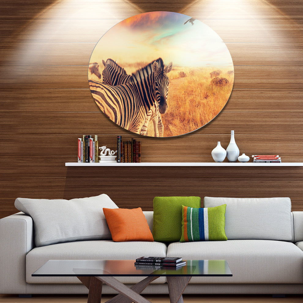 Zebras Herd In Field At Sunset, African Round Wall Art, 11"