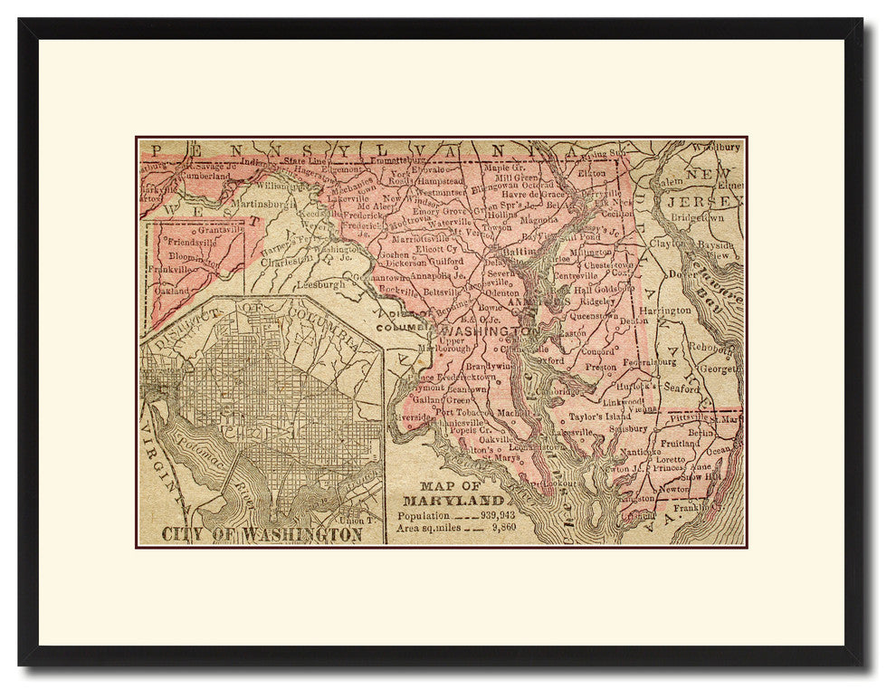 Maryland Vintage Antique Map Wall Art, 16"x21"