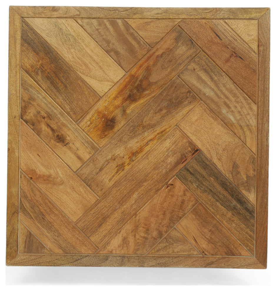 Tilton Boho Handcrafted Mango Wood Parquet Side Table, Natural Honey and Gray