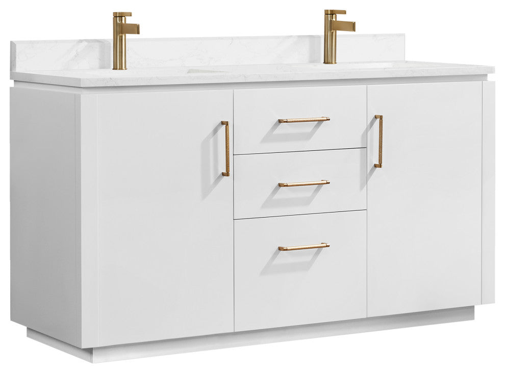 San Bath Vanity with Stone Top, White, 60" Double Sink, Double Vanity, No Mirror
