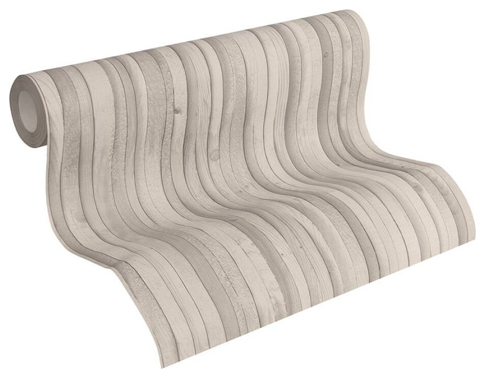Loft Nature Textured Wallpaper Featuring Wooden Beam, Beige Gray, Sample