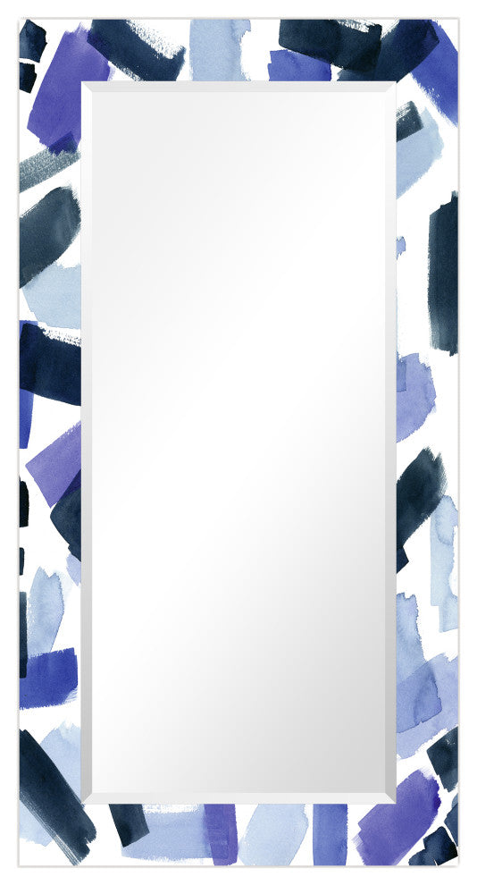 "Cerulean" Beveled Mirror on Printed Abstarct Tempered Art Glass, 54x28"