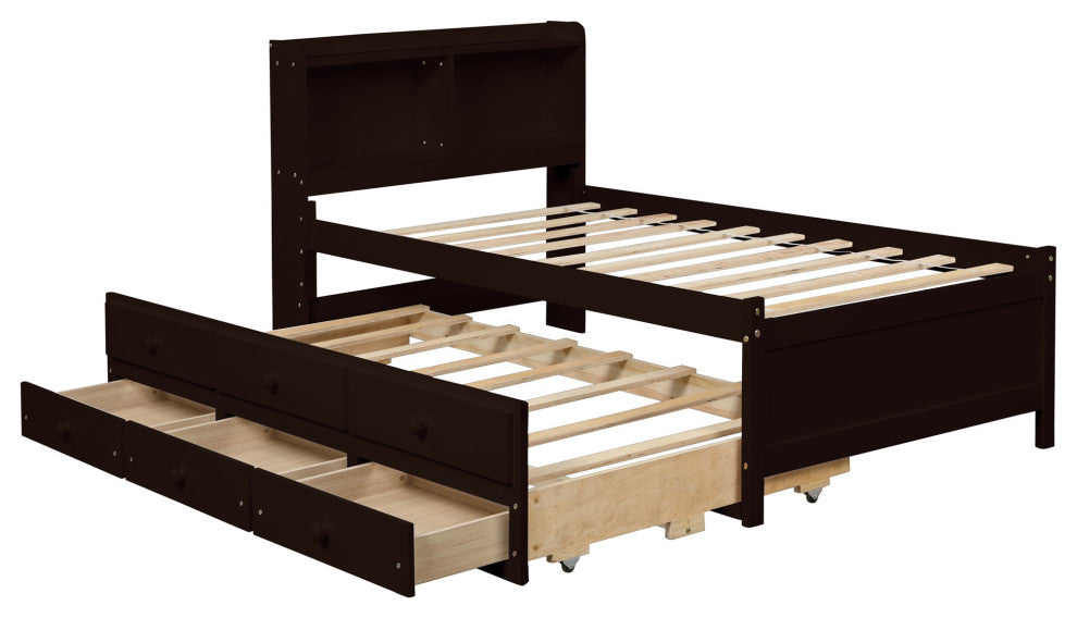 Full/Twin Wood Frame Platform Bed with Trundle and Drawers, Espresso, Twin