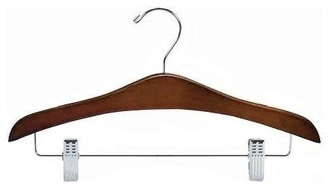 Decorative Wooden Suit Hanger With Clips, Walnut and Chrome, Set of 25