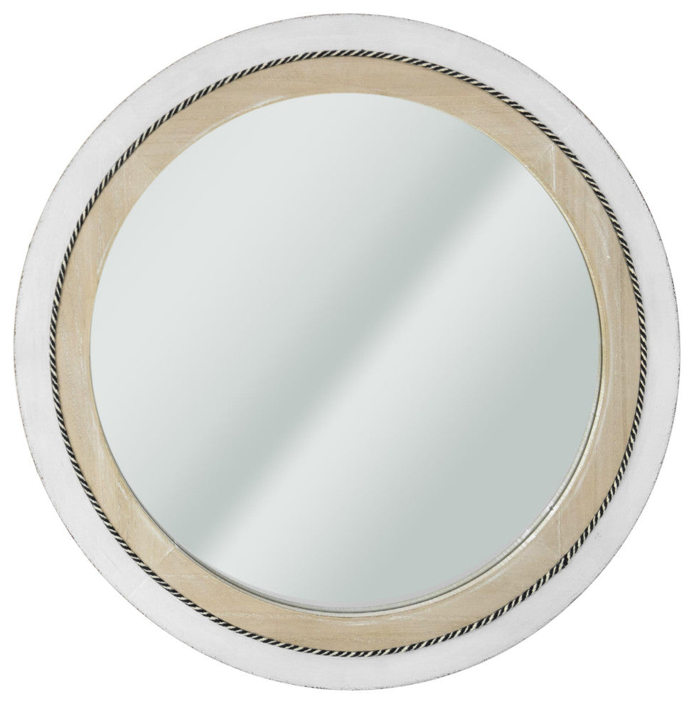 Rustic Whitewashed and Neutral Wood Framed Round Wall Mirror With Inlaid Rope