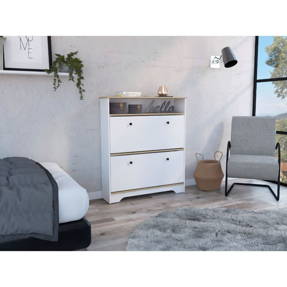 DEPOT E-SHOP Wayne Shoe Rack with Open Shelf, Light Oak/White