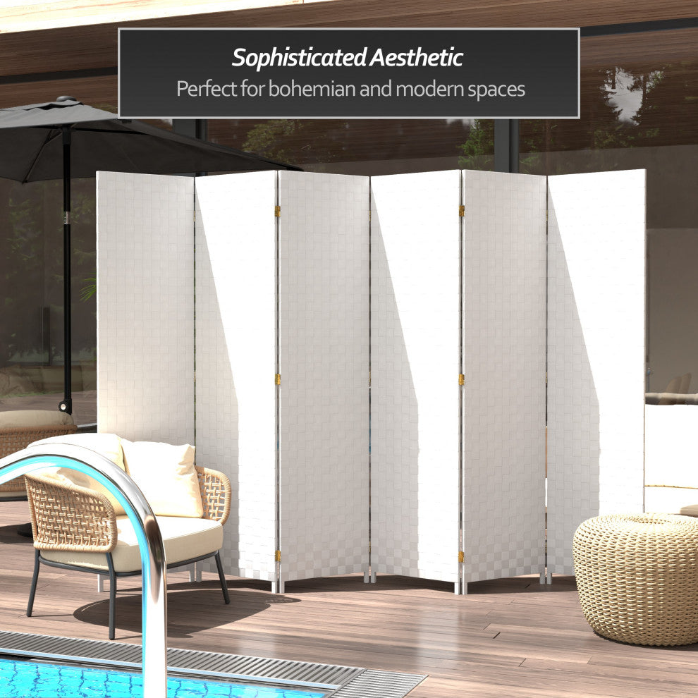 6 ft. Tall Woven Fiber Outdoor All Weather Room Divider 6 Panel White