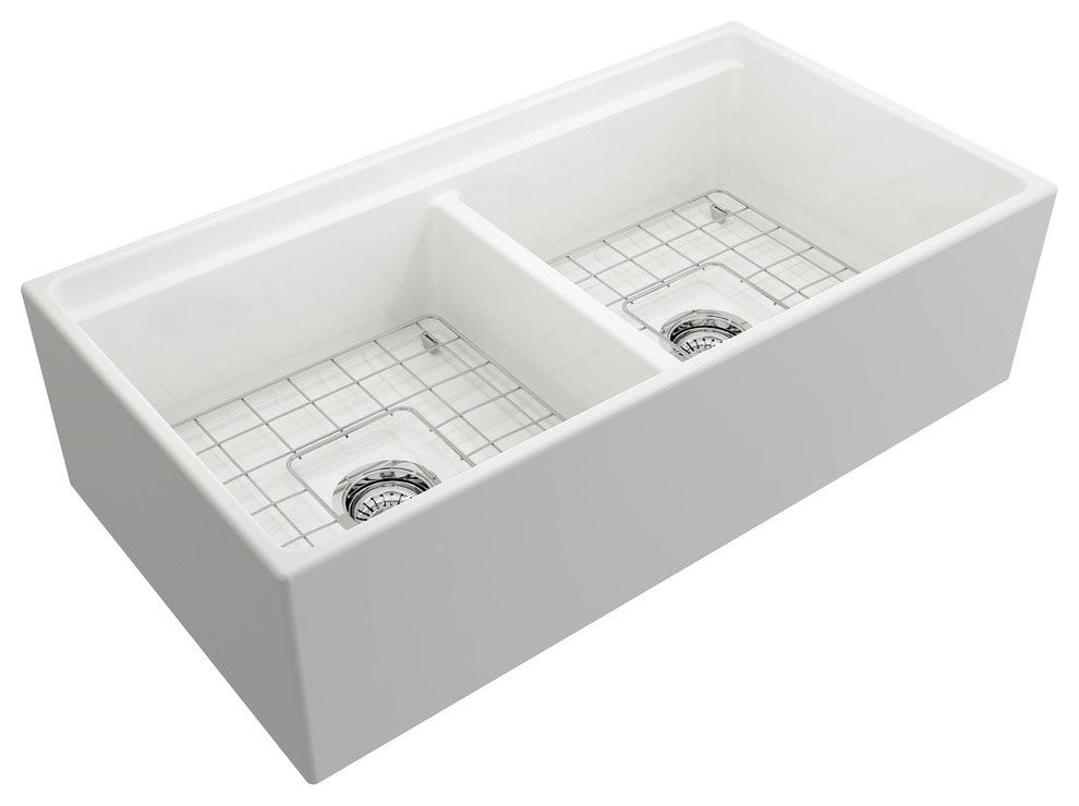 Bocchi Contempo 36D White Double Bowl Fireclay Farmhouse Sink W/ Integrated Work