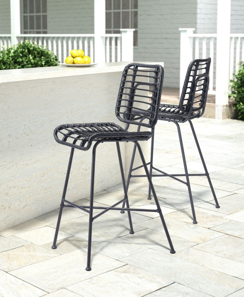 Bar Stool Chair Barstool, Set of 2, Steel Metal, Black, Outdoor Patio Balcony