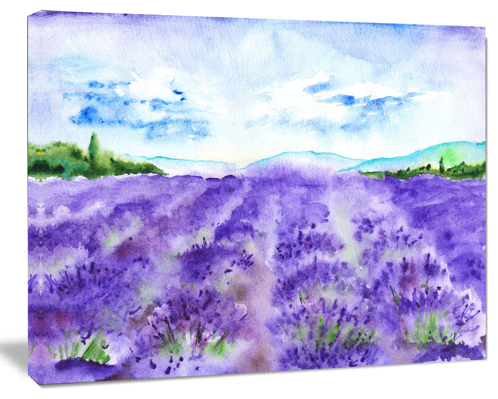 Lavender Fields Watercolor, Landscape Canvas Art Print, 20"x12"