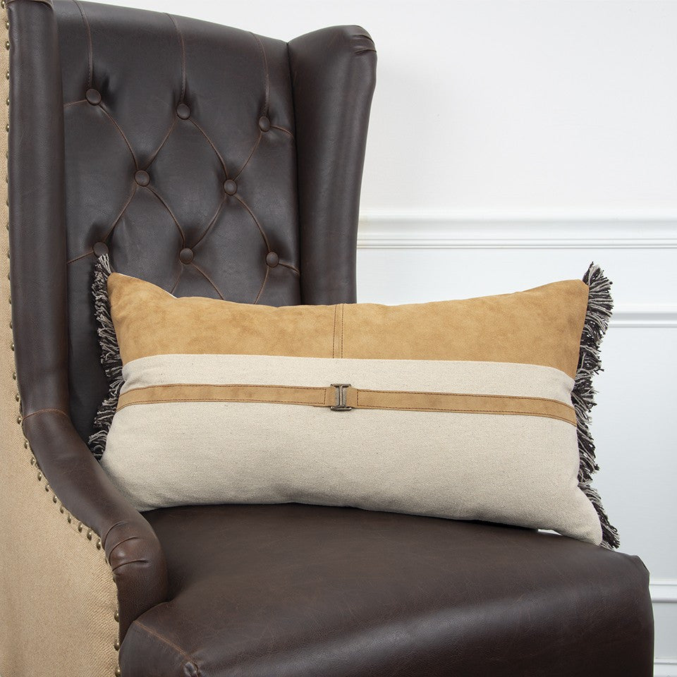 Camel Tone Leather Block Lumbar Pillow