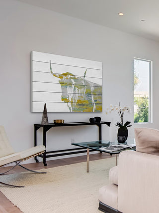 "Yellow Steer" Painting Print on White Wood, 60"x40"