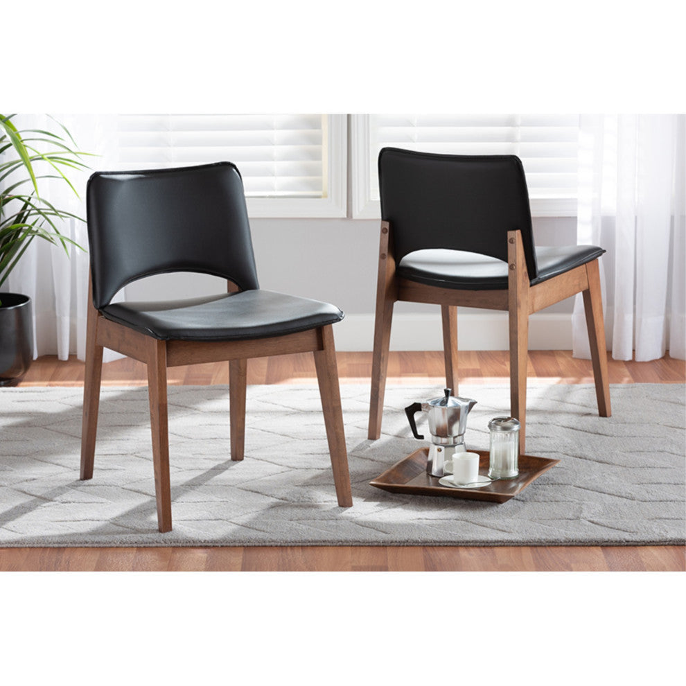 Afton Black Faux Leather and Walnut Brown Finished Wood 2-Piece Dining Chair Set