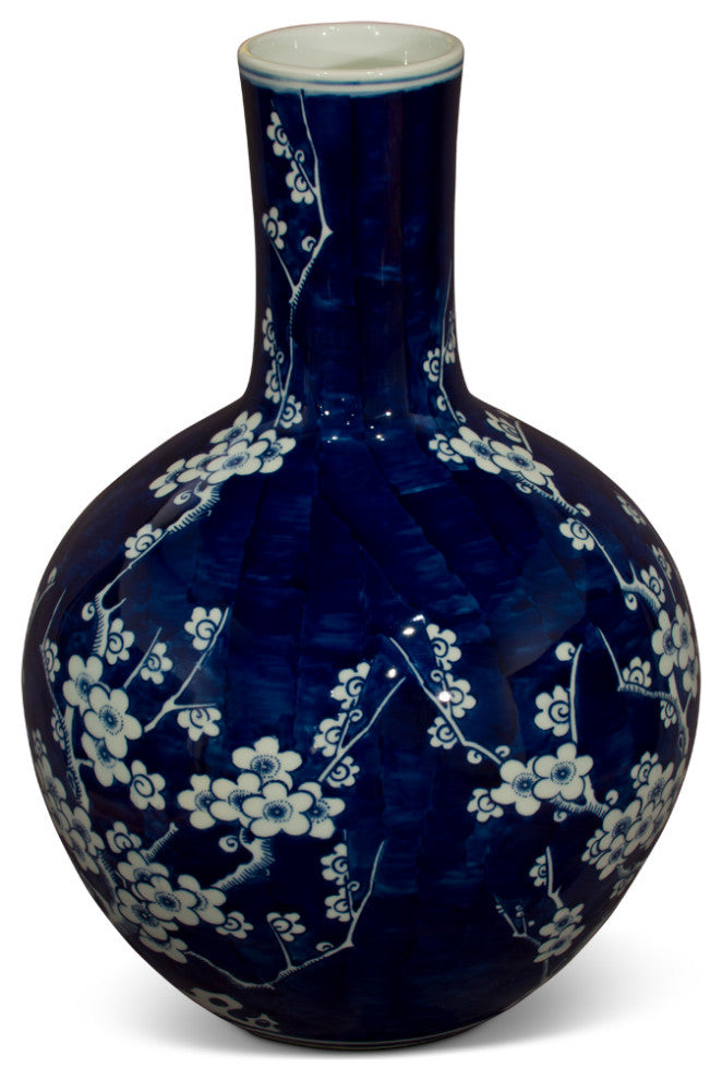 Blue and White Cherry Blossom Flower Motif Chinese Porcelain Temple Vase