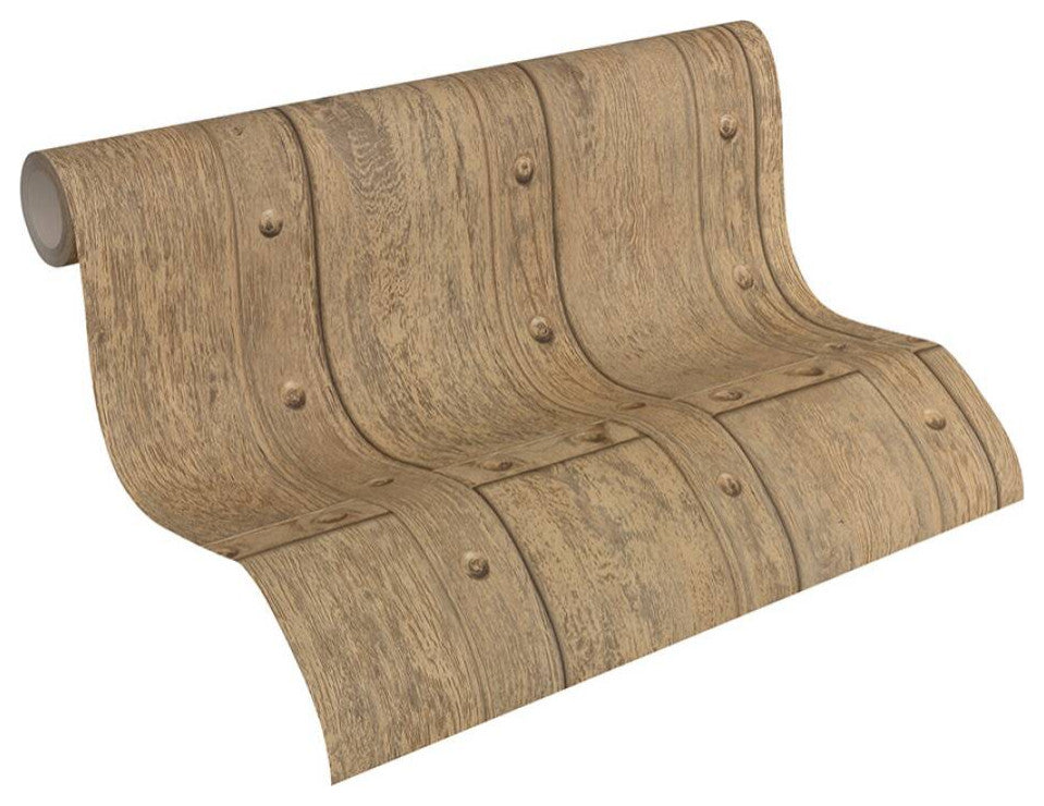 Nature Textured Wallpaper Featuring Wooden Joints Pattern, Brown, Sample