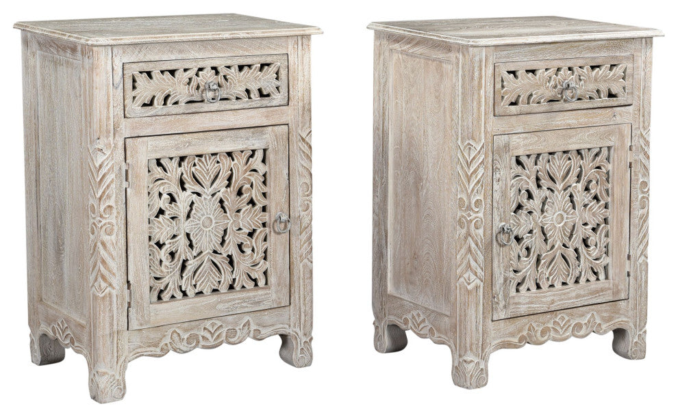 Delaney Carved 1 Door Nightstand, Sand White, Right