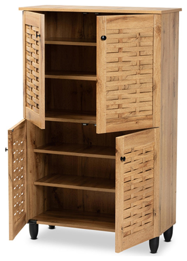 Winda and Contemporary Oak Brown Finished Wood 4-Door Shoe Storage Cabinet