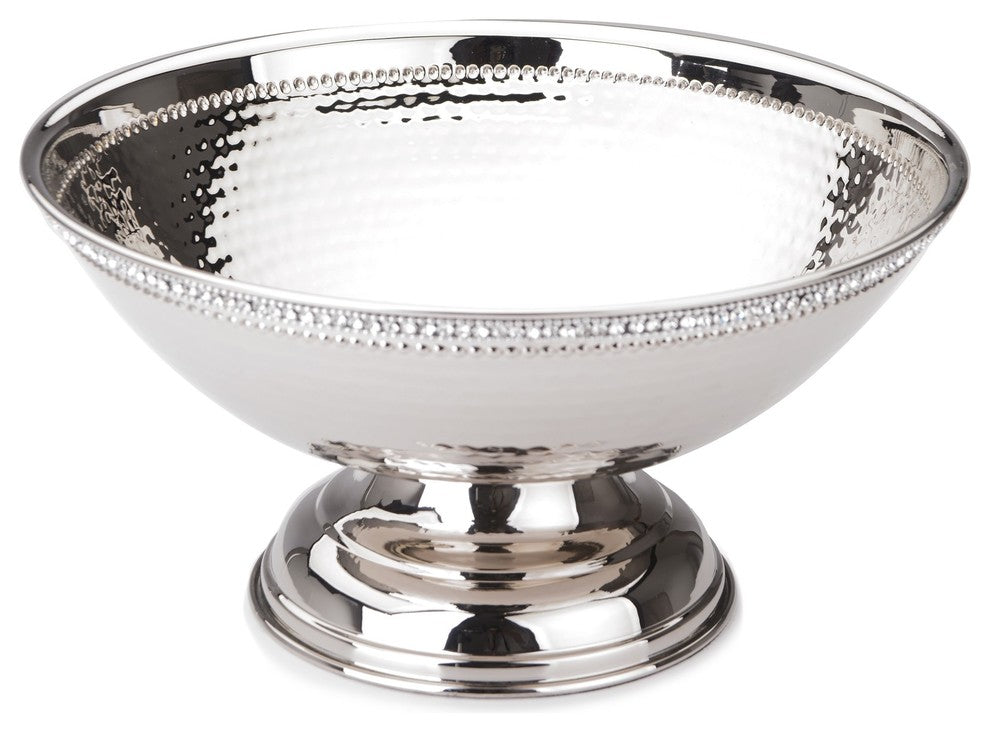 Classic Touch Hammered Stainless Steel Jeweled Footed Salad Bowl