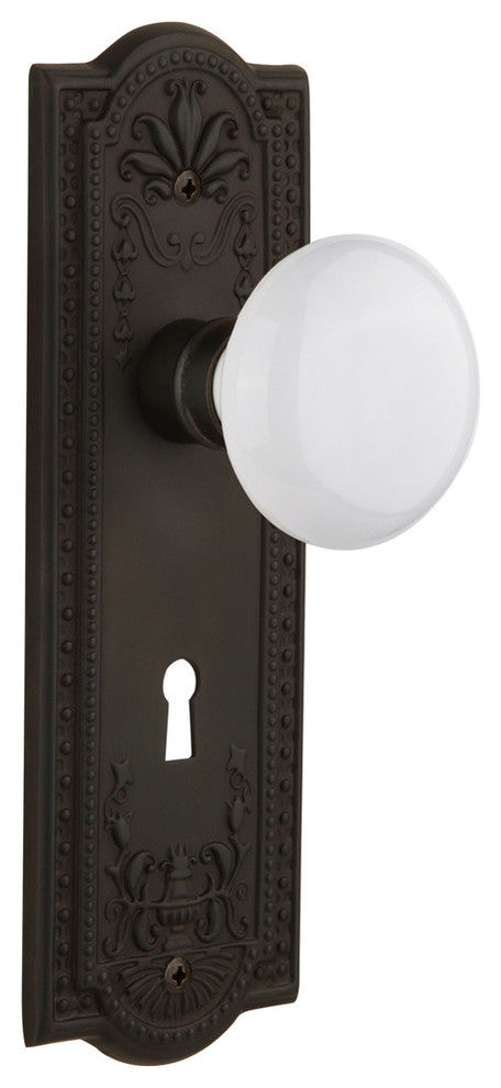 Meadows Plate Passage White Porcelain Knob, Oil Rubbed Bronze