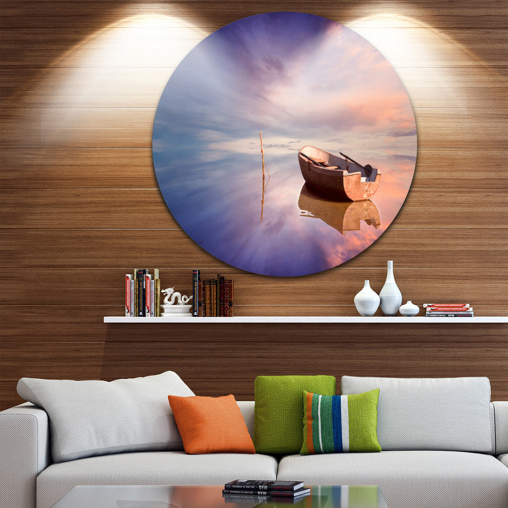 Lonely Boat In Colorful Sea, Seascape Painting Round Wall Art, 23"