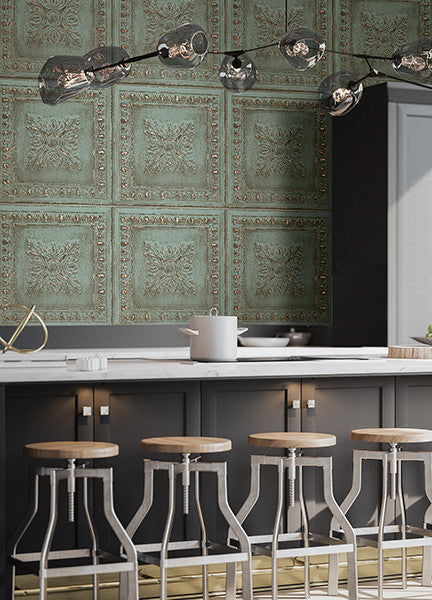 Tin Tile Pattern Wallpaper, Turquoise, Bolt