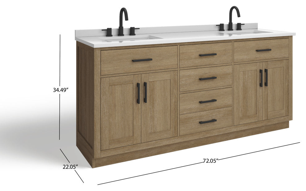 The Camille Bathroom Vanity, Driftwood Oak, 72", Double Sink, Freestanding