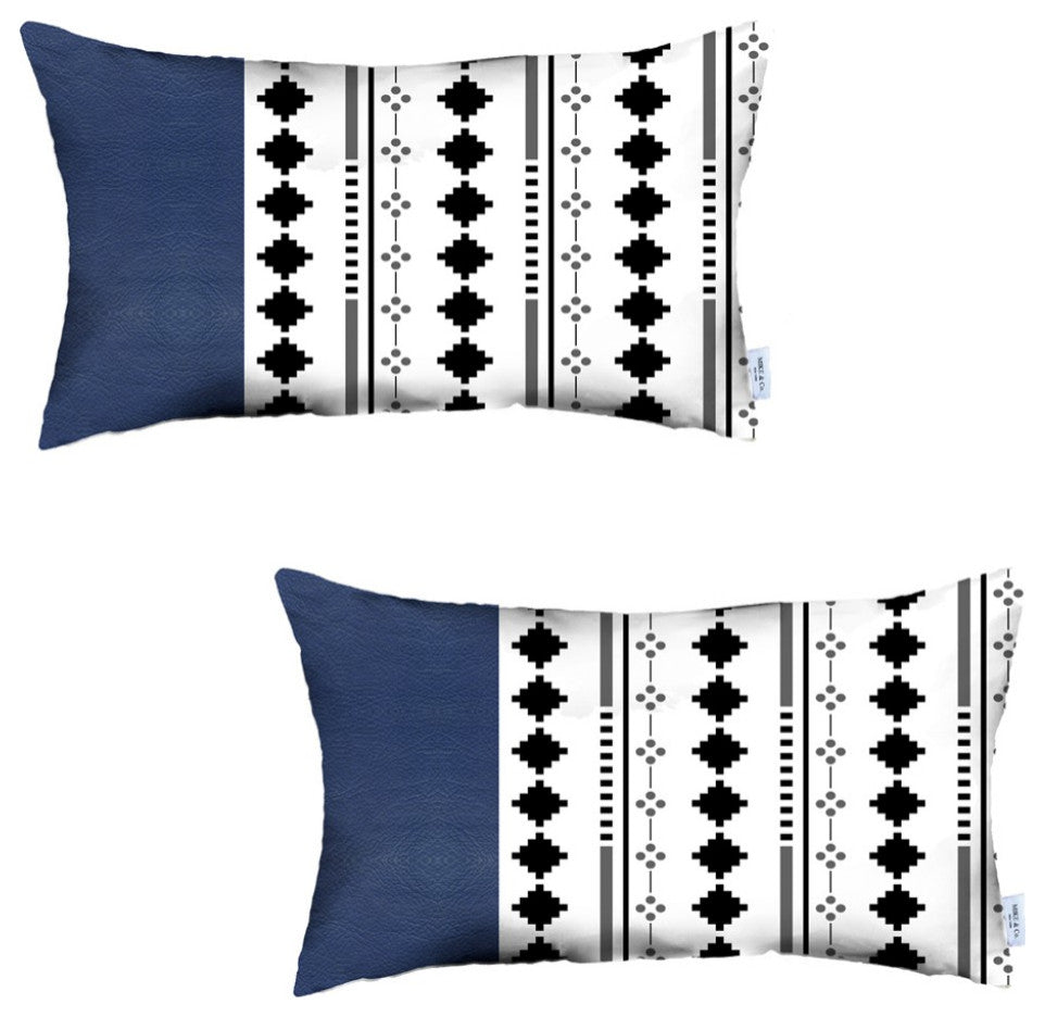 Set of 2 Diamond Patterns and Navy Blue Faux Leather Lumbar Pillow Covers
