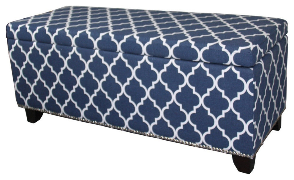 Blue and White Quatrefoil Storage Bench