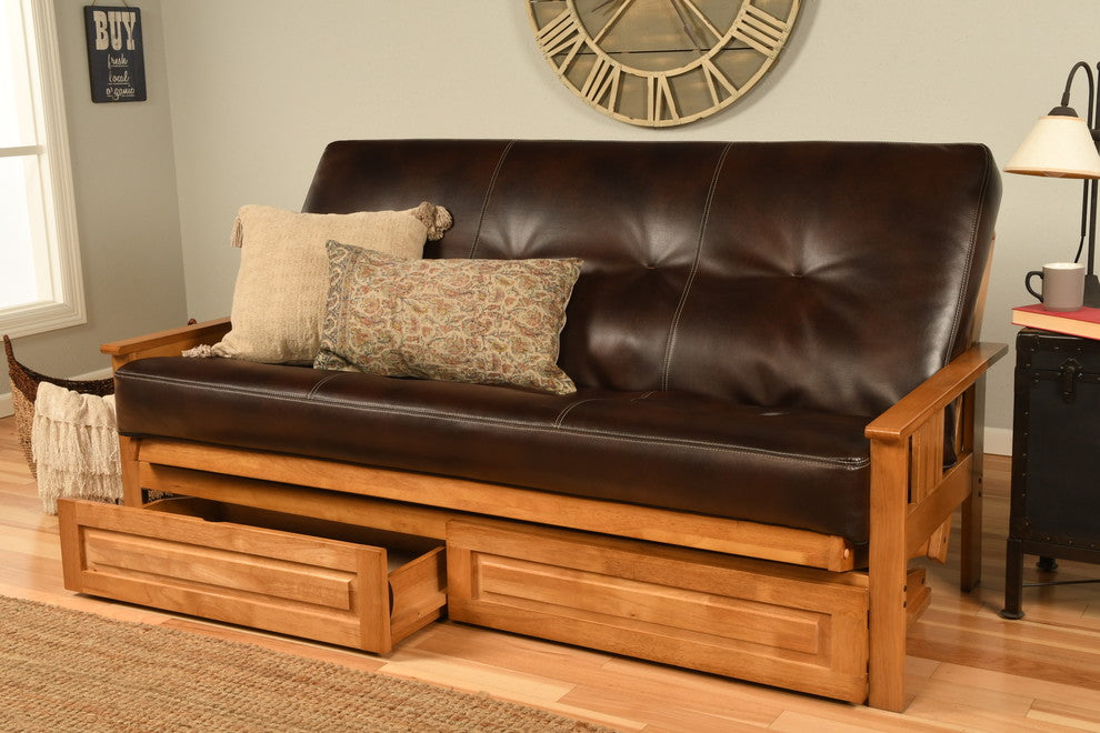 Caleb Frame Futon With Butternut Finish, Storage Drawers, Oregon Trail Java