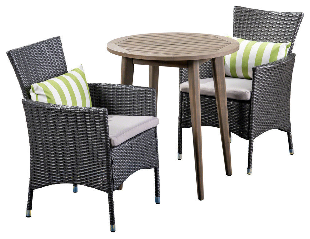 GDF Studio 3-Piece Vann Outdoor Wood and Wicker Bistro Set, Gray/Gray/Silver