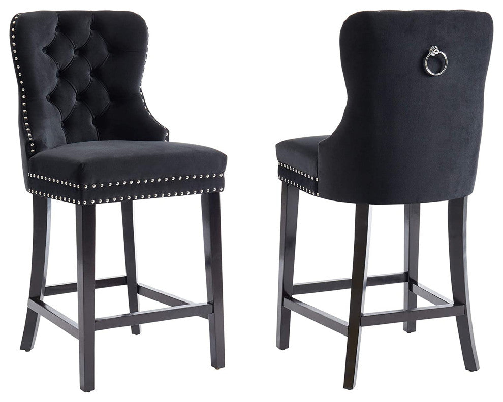 Set of 2 Modern Velvet & Solid Wood Counter Stool in Black