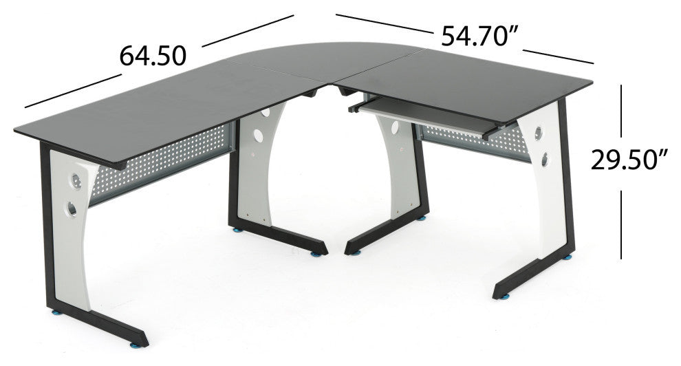 GDF Studio Orion L Shaped Office Desk with Tempered Glass Top