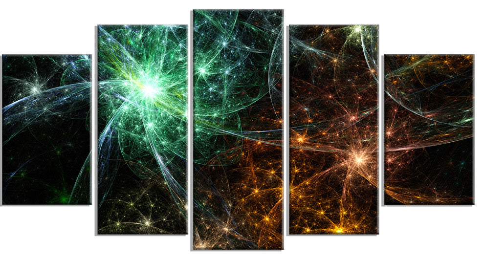 Green Orange Colorful Fireworks, Abstract Canvas Art Print, 60"x32", 5 Panels