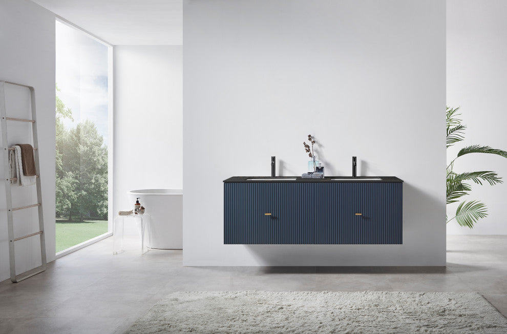 BARCELONA Wall Mount Modern Bathroom Vanity, Dark Blue, 60", Black Countertop