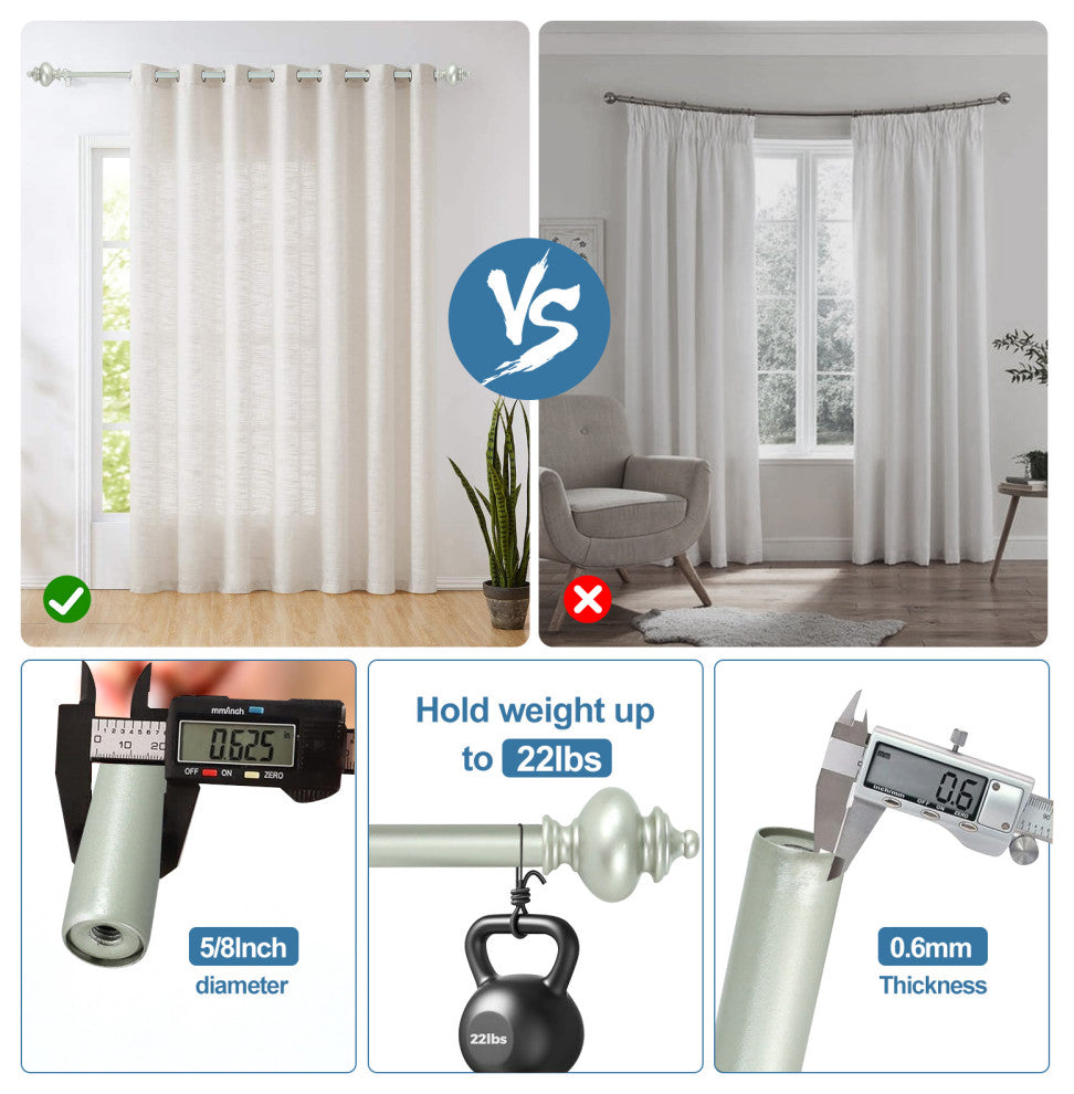 Round Urn Adjustable Double Curtain Rod Set, 5/8", Pewter, 28"-48"