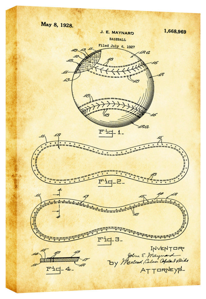 Epic Graffiti "Baseball Vintage Patent Blueprint" Giclee Canvas Art, 18"x26"