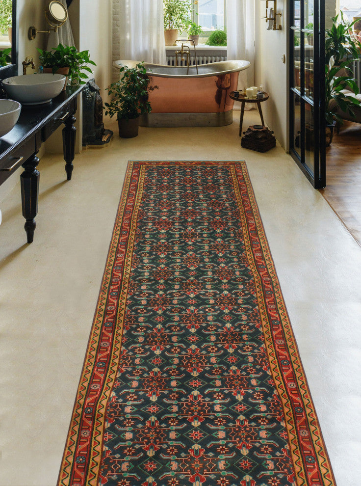 Fine Vintage Distressed Huriye Navy/Red Runner, 3'1x13'2