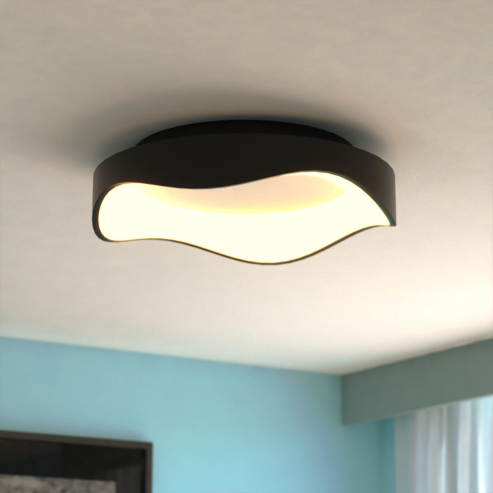 Bowen 1-Light Textured Black Modern Round LED Flush Mount Fixture, White Shade