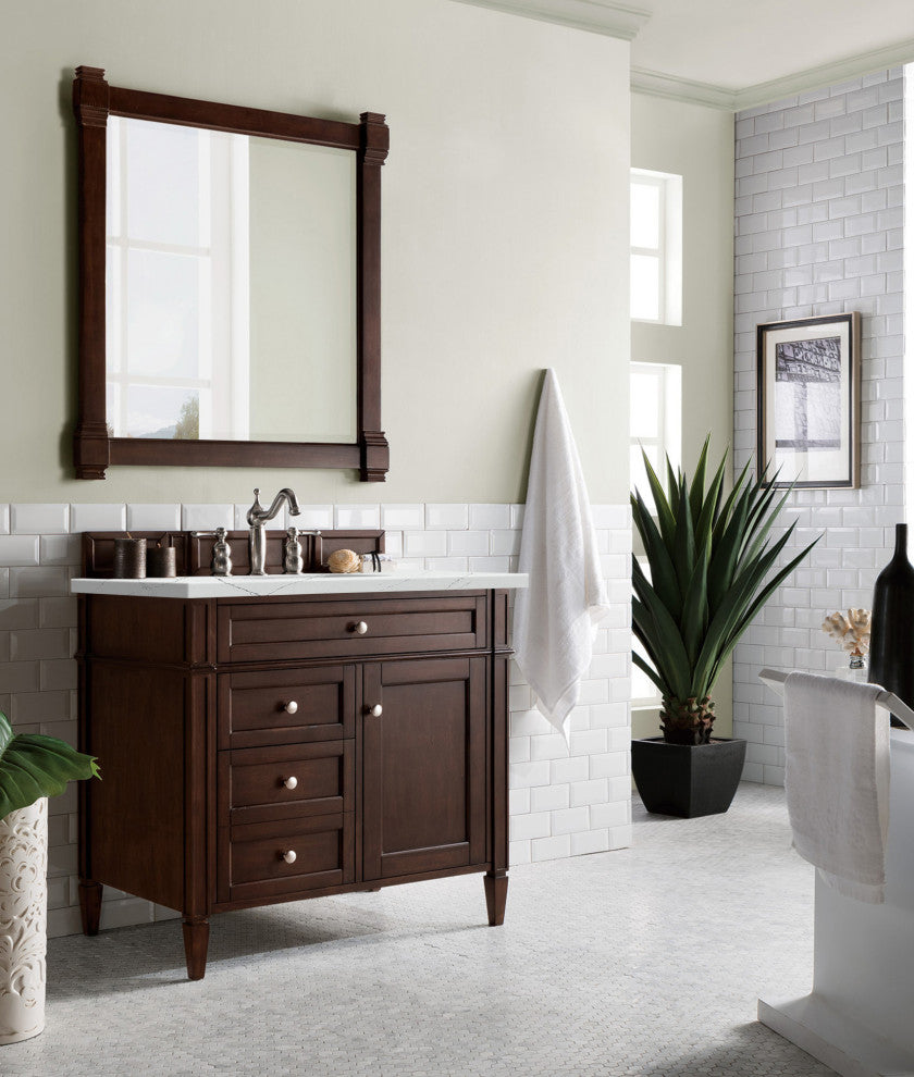 James Martin 650-V36-BNM-3ENC 36" Burnished Mahogany Single Vanity + Quartz Top