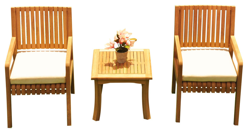 3-Piece Outdoor Patio Teak Dining Set: 18" Giva Side Table, 2 Maldives Arm Chair