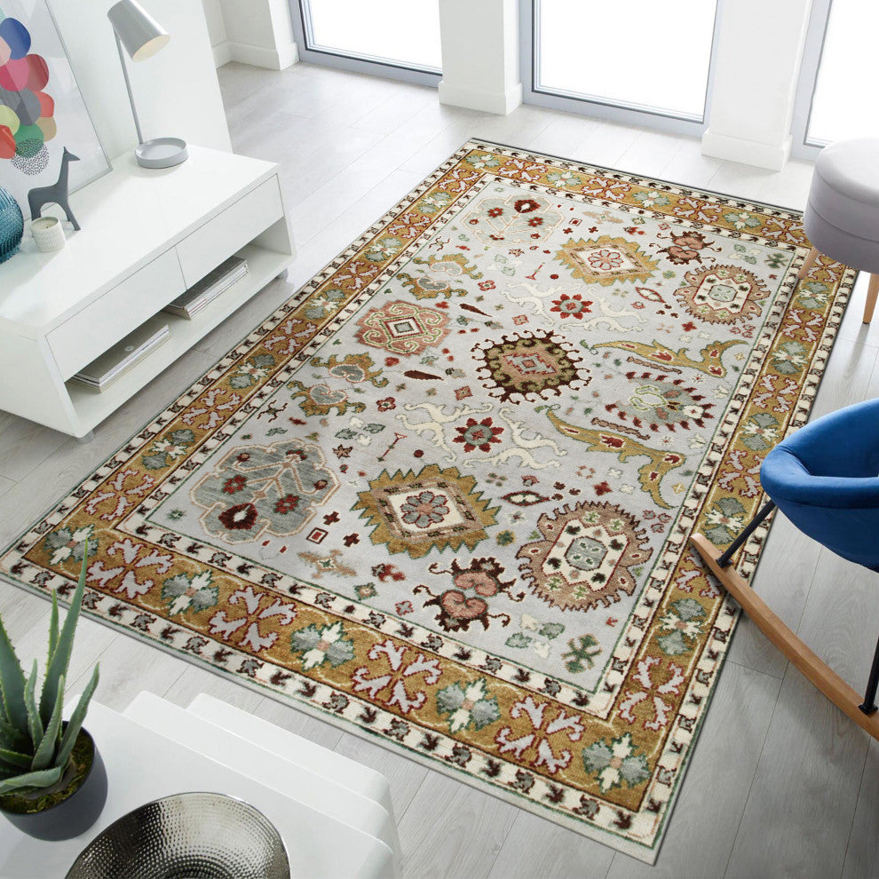 Hand-Knotted Wool Gray/Gold Traditional All Over Traditional Knot Rug, 7'6x9'6