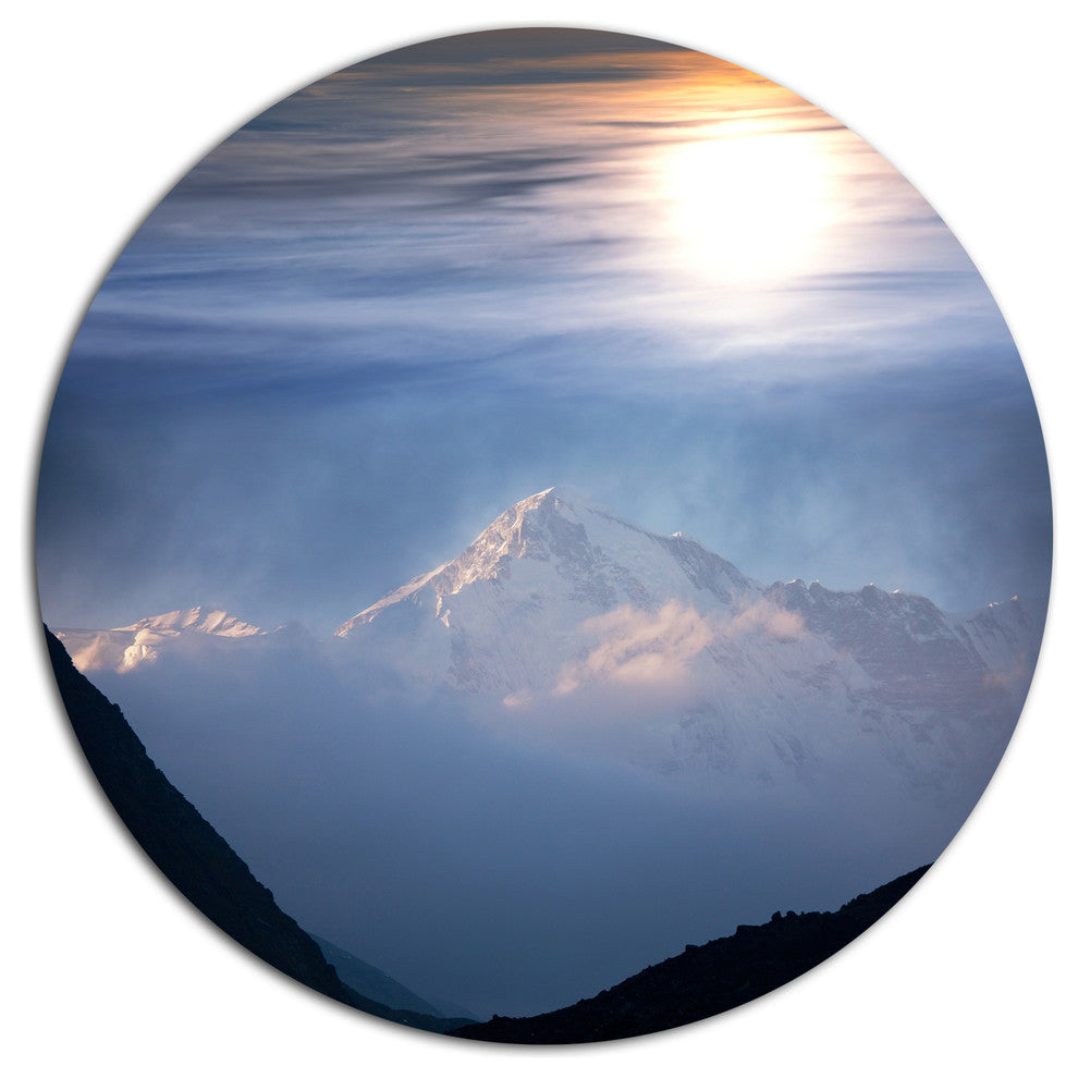 Peak Of Winter Mountains At Sunset, Landscape Round Wall Art, 11"